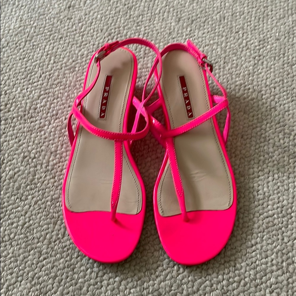 Prada Neon Pink Patent Leather Sandals, Wedge Heel, Size 8 1/2